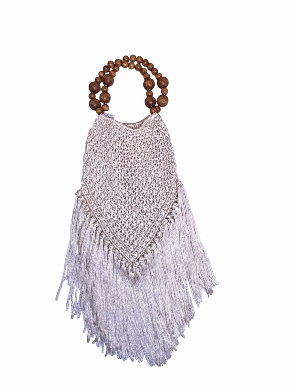 No Boundaries Cream Crochet Fringe bag with Wooden Bead Handle